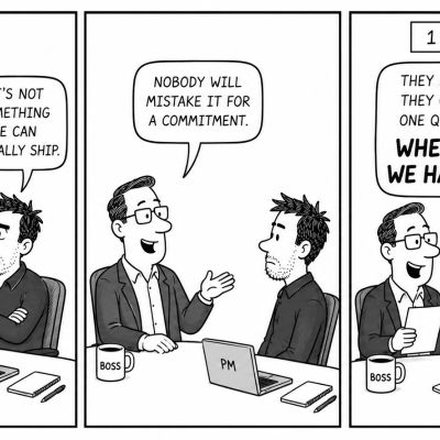 Cartoon: a prototype quietly read as a commitment